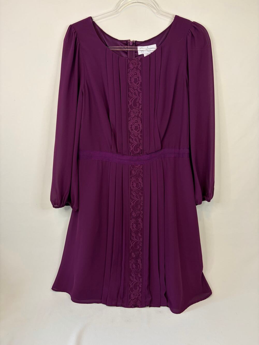 Jessica Simpson 3/4 Sleeve Purple Dress Lace Front Feminine Pleated Size 10